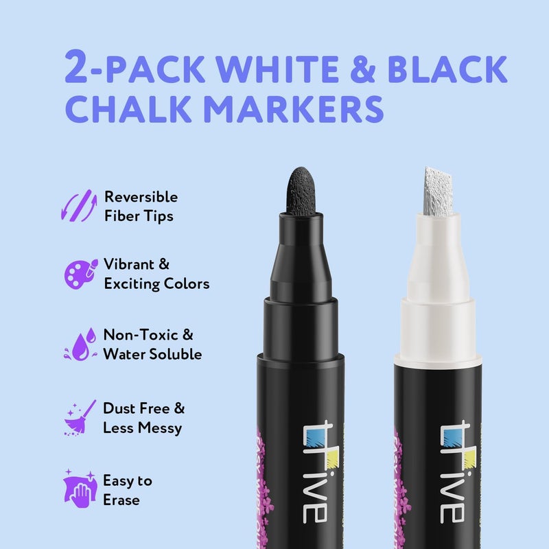 TFIVE White&Black Liquid Chalk Markers - 2 Pack Bright Colors Erasable Chalk Marker Pens, Reversible Tip, Non-Toxic, for Chalkboards, Signs, Glass, Easy to use Chalk markers TF800 - Image 2